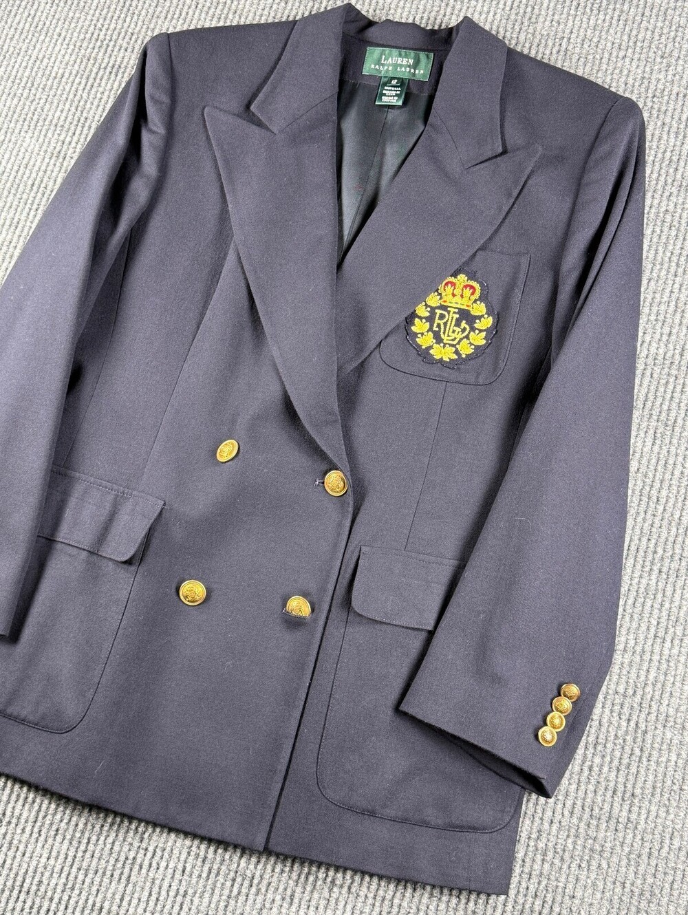 Lauren Ralph Lauren Double Breasted Blazer Womens 12 Navy Embroidered RLL Crest